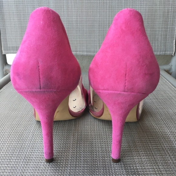 GUESS Pink Suede Clear Lucite Trim Japeen Pumps Heels 7.5 - Picture 7 of 12